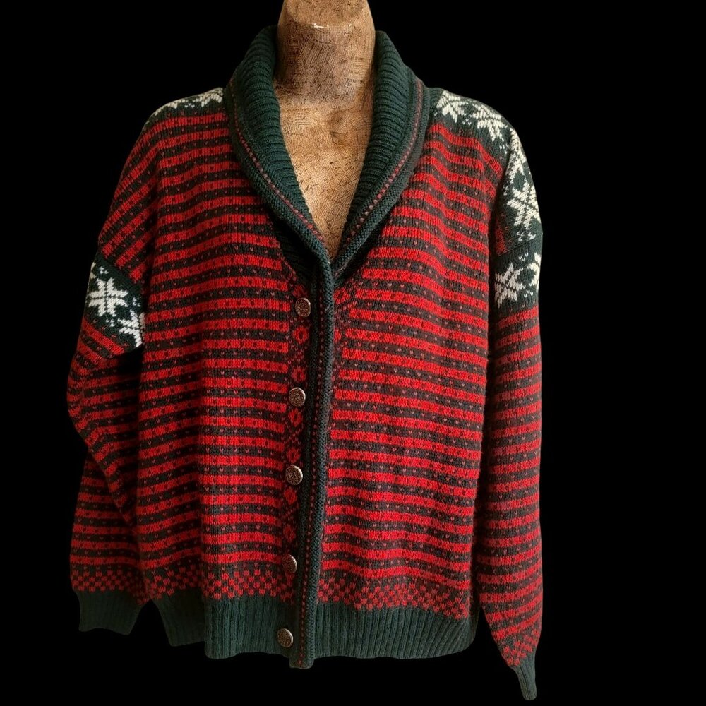 VTG Studio Michelle Stuart Red & Green Button-Up Cardigan & Shawl Collar Sweater